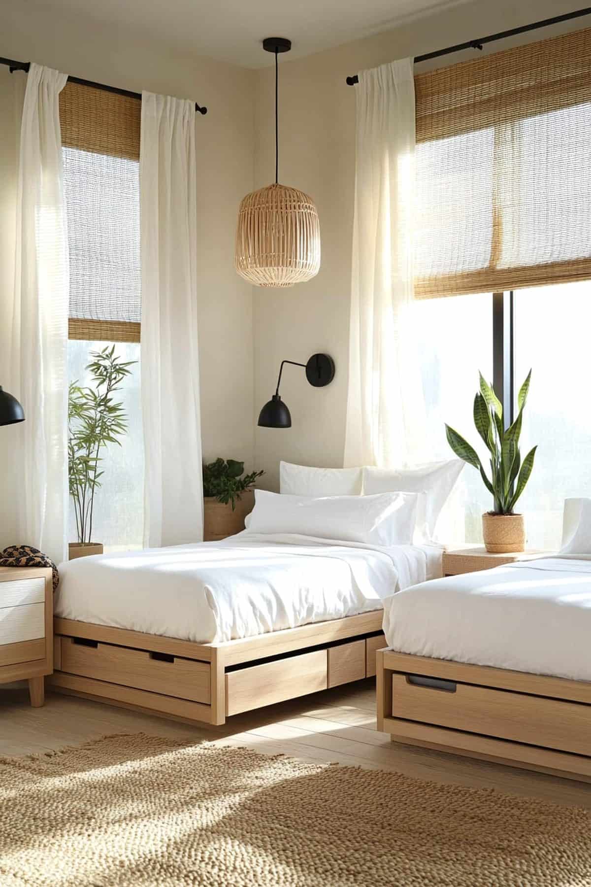 Cozy Japandi twin bedroom featuring minimalist decor, natural wood accents, and soft neutral tones.