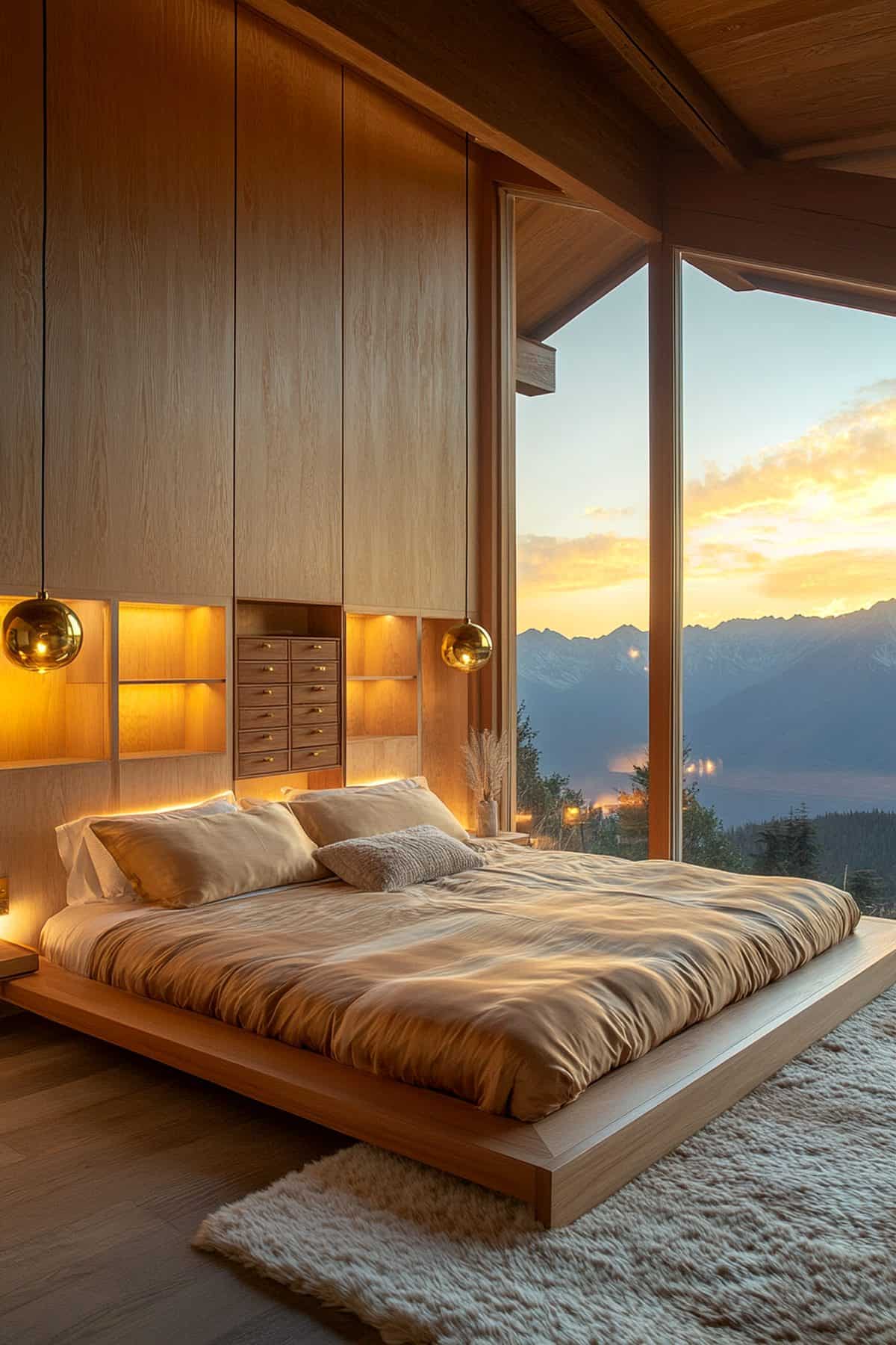 Elegant Japandi bedroom featuring minimalist decor, natural wood elements, and neutral tones.