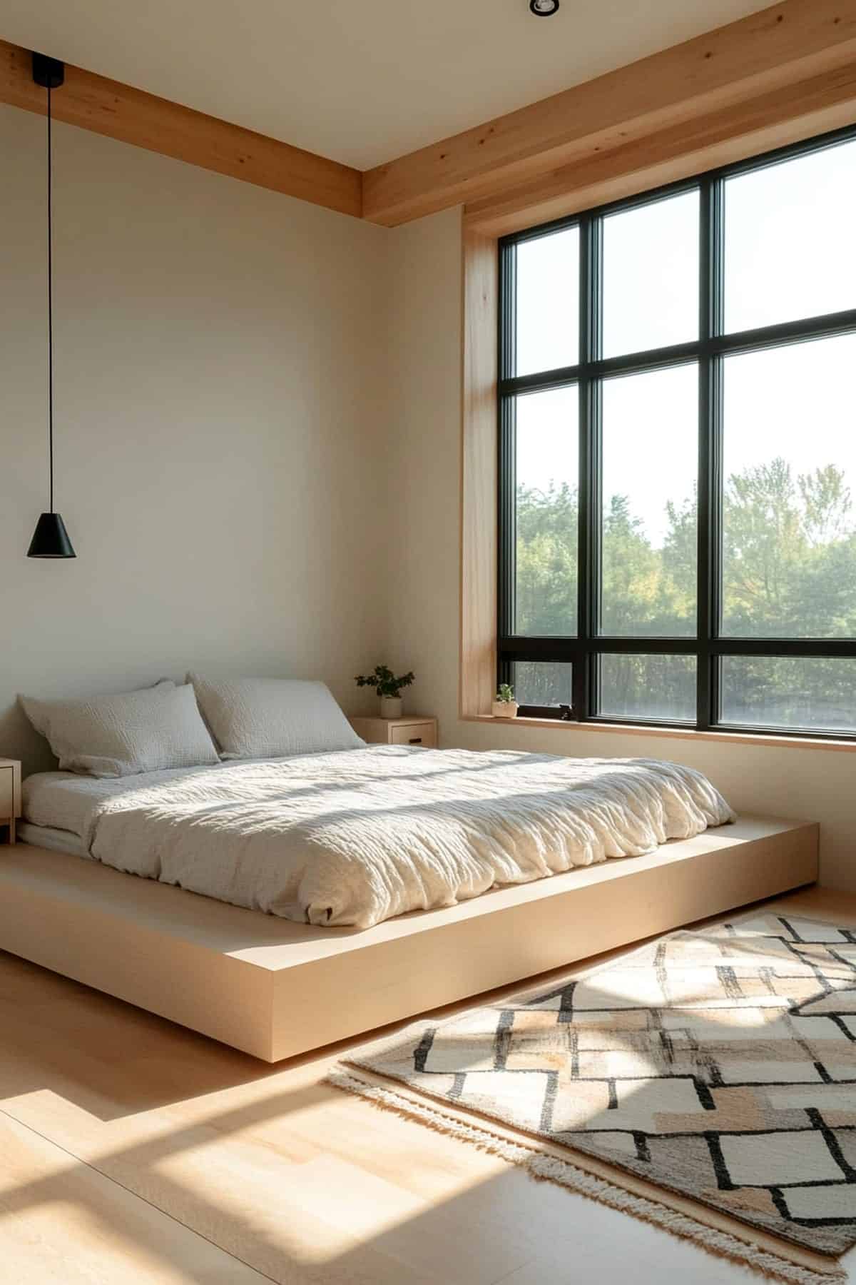 Cozy modern Japandi bedroom featuring minimalist decor, natural wood accents, and neutral tones.