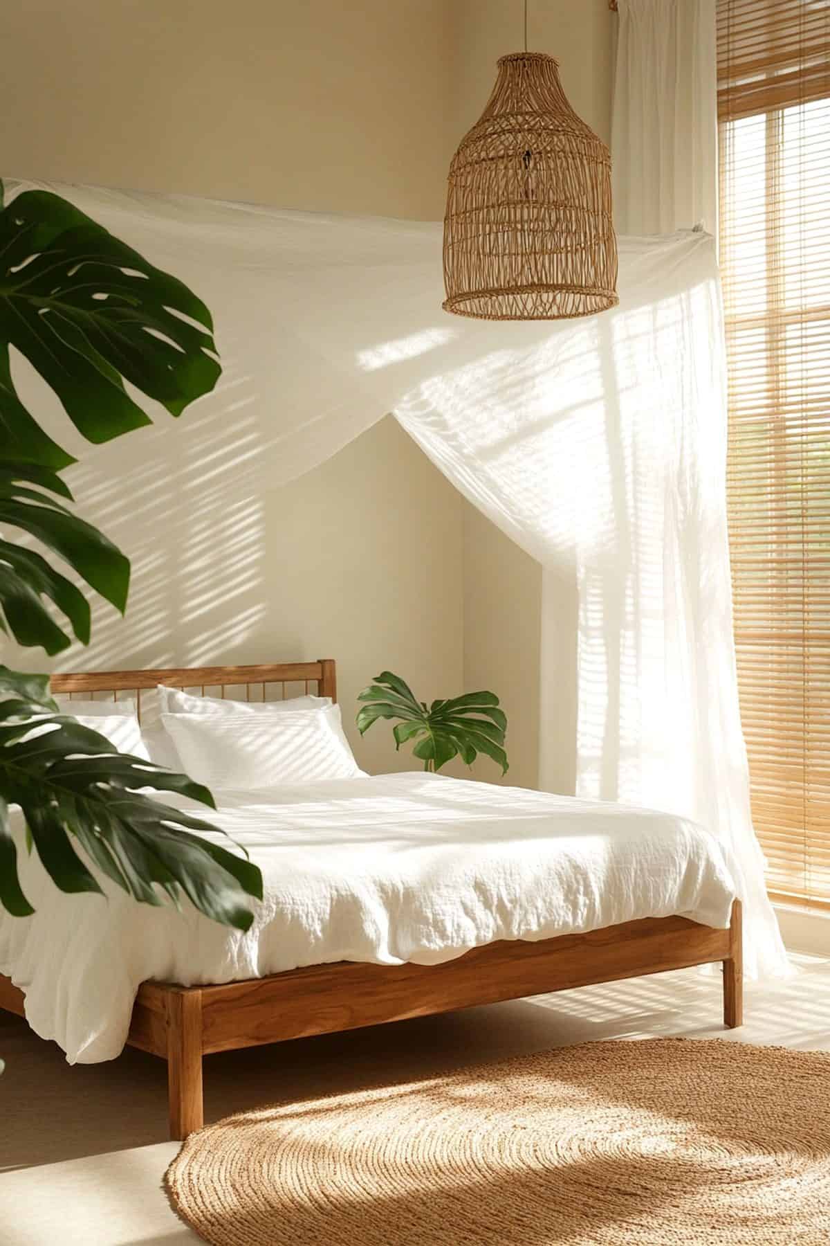 Alt tag: Serene tropical Japandi bedroom with natural wood accents and lush greenery.
