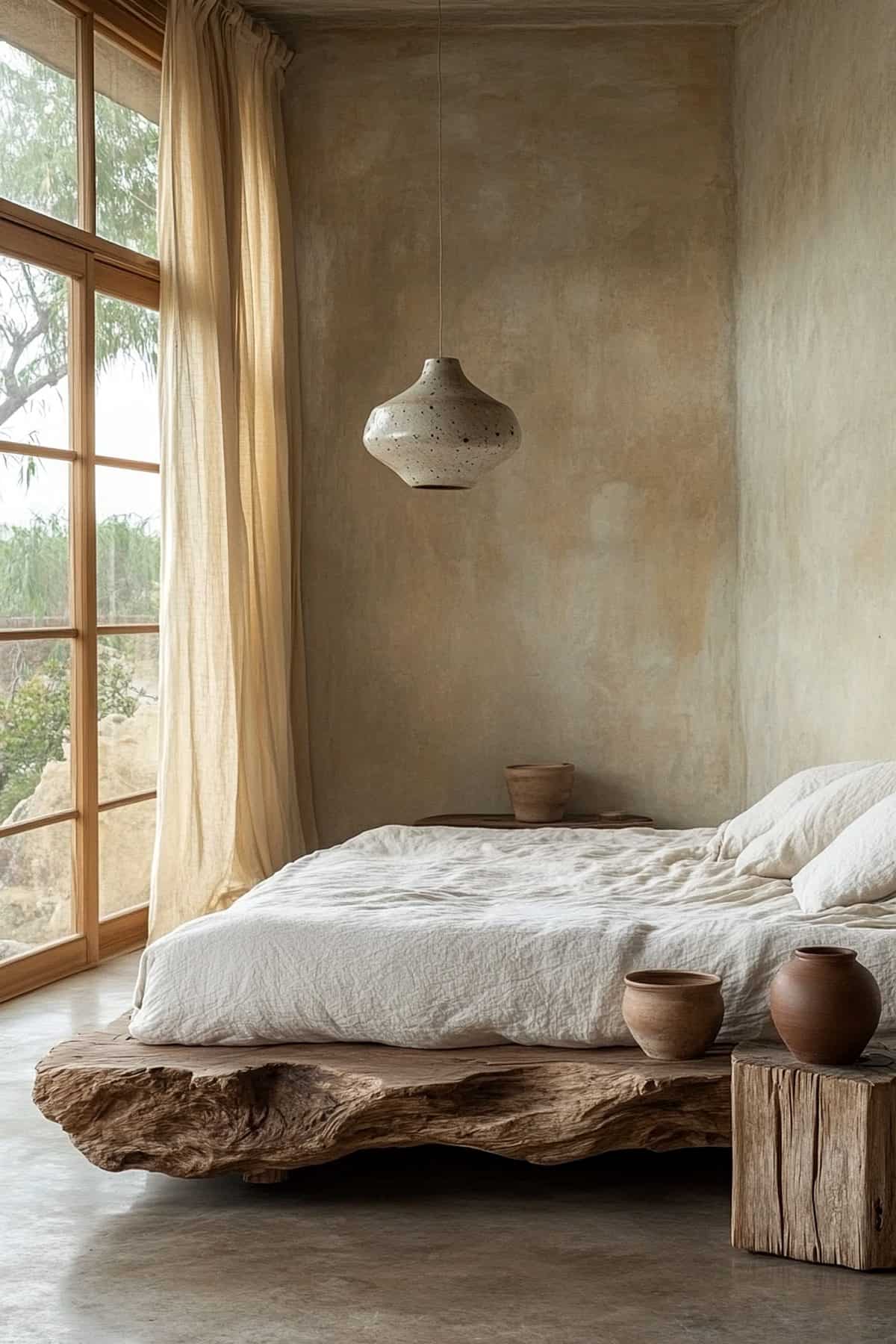 Cozy Japandi bedroom featuring Wabi Sabi decor, natural textures, and muted color palette.
