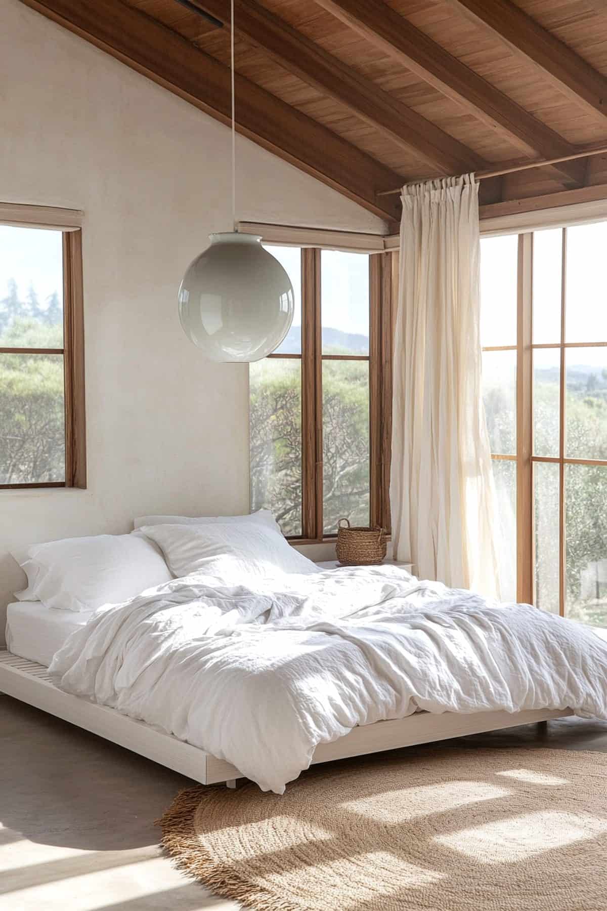 Cozy white Japandi bedroom featuring minimalist decor, natural wood accents, and soft textures.
